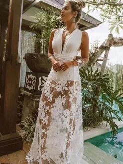 Women's Party Dress Lace Dress White Dress Long Dress Maxi Dress White Sleeveless Floral Lace Spring Summer V Neck Slim S M L XL -Tesla Style dxdkxt1604754918754