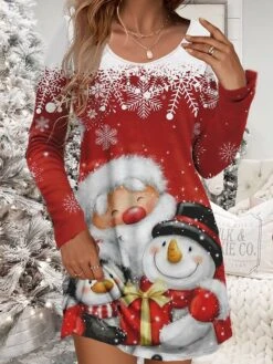 Women‘s Christmas Work Dress Casual Dress Fashion Winter Dress Daily Mini Dress Print Crew Neck Long Sleeve Santa Claus Elk Loose Fit White Wine Rusty Red Fall Winter S M L XL XXL -Tesla Style dxmxqc1695103247204