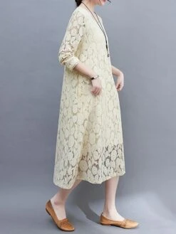 Women's Work Dress Lace Dress Black Dress Fashion Midi Dress Lace Pocket Crew Neck Long Sleeve Plain Loose Fit Black White Pink Fall M L XL XXL 3XL -Tesla Style dxoinw1693281264888