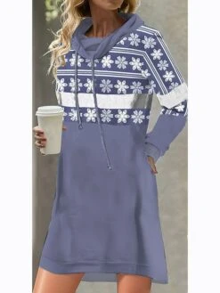 Women's Casual Dress Print Dress Spring Dress Floral Pocket Print Hooded Mini Dress Fashion Streetwear Outdoor Daily Long Sleeve Loose Fit Blue Green Light Blue Spring Fall S M L XL XXL -Tesla Style dxrqzv1692011527504