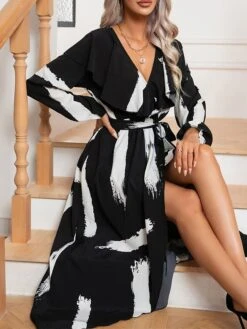 Women's Work Dress Casual Dress Swing Dress Fashion Office Daily Workfashion Midi Dress Lace Up Ruffle V Neck Long Sleeve Print Regular Fit Black Fall Winter S M L XL -Tesla Style dyayvc1695267908101
