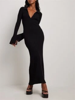 Women's Sweater Dress Winter Dress Jumper Dress Long Dress Maxi Dress Ruched Street Daily Holiday Fashion Streetwear V Neck Long Sleeve 2023 Regular Fit Black Color S M L Size -Tesla Style dyfdis1692938921968