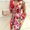Women's Normal Satin Dress A Line Dress Mini Dress Leopard Safflower On White Yellow Flower On Black Long Sleeve Leopard Ruched Summer Spring V Neck Ethnic Style Winter Dress Fall Dress 2023 S M L XL