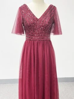 Women‘s Christmas Prom Dress Party Dress Sequin Dress Long Dress Maxi Dress Wine Short Sleeve Pure Color Sparkly Glitter Sequins Fall Winter Autumn V Neck Fashion Wedding Guest Birthday Evening Party -Tesla Style dywkkp1693376309717
