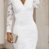Women's Party Dress Lace Dress Homecoming Dress Mini Dress White Long Sleeve Pure Color Lace Fall Winter V Neck Stylish Winter Dress Fall Dress Loose Fit 2023 M L XL XXL 3XL -Tesla Style dznxwc1661418067723
