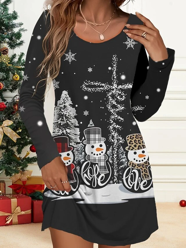 Women's Christmas Work Dress Casual Dress Fashion Winter Dress Daily Mini Dress Print Crew Neck Long Sleeve Santa Claus Snowman Loose Fit Black Wine Green Fall Winter S M L XL XXL 4 Women's Christmas Work Dress Casual Dress Fashion Winter Dress Daily Mini Dress Print Crew Neck Long Sleeve Santa Claus Snowman Loose Fit Black Wine Green Fall Winter S M L XL XXL - Image 2