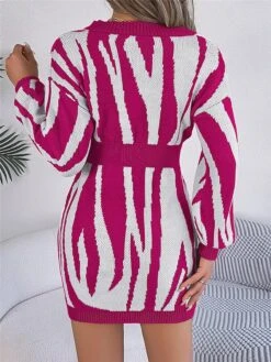 Women's Sweater Dress Winter Dress Jumper Dress Mini Dress Warm Stripe Outdoor Casual Holiday Vacation V Neck Long Sleeve Patchwork 2023 Loose Fit Green Khaki Rose Red S M L -Tesla Style dzvuqf1696926507119