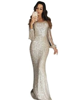 Women's Party Dress Fringe Dress Sequin Dress Long Dress Maxi Dress Silver Black Pink Long Sleeve Pure Color Sequins Spring Fall Winter Crew Neck Elegant Party Winter Dress Wedding Guest 2023 S M L -Tesla Style eadqel1635391367306