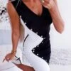 Women's Bodycon Black And White Mini Dress Black Sleeveless Color Block Button Summer Spring Deep V Hot Party 2023 S M L XL XXL 3XL -Tesla Style eafwba1571901330835