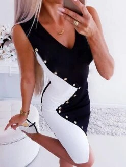 Women's Bodycon Black And White Mini Dress Black Sleeveless Color Block Button Summer Spring Deep V Hot Party 2023 S M L XL XXL 3XL