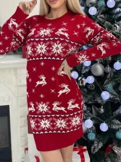 Women‘s Christmas Sweater Dress Jumper Dress Winter Dress Warm Geometric Print Deer Outdoor Christmas Casual Daily Crew Neck Long Sleeve 2023 Loose Fit Red S M L XL