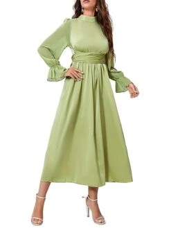 Women's Prom Dress Party Dress Satin Dress Long Dress Maxi Dress Green Long Sleeve Pure Color Strappy Spring Fall Winter Stand Collar Fashion Winter Dress Evening Party Wedding Guest 2023 S M L XL -Tesla Style eajeye1693390908489
