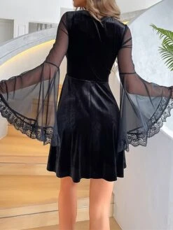 Women‘s Party Dress Velvet Dress Cocktail Dress Black Dress Mini Dress Long Sleeve Pure Color Ruched Fall Winter Autumn V Neck Fashion Winter Dress Birthday Wedding Guest 2023 S M L XL -Tesla Style eakgdo1693213934037