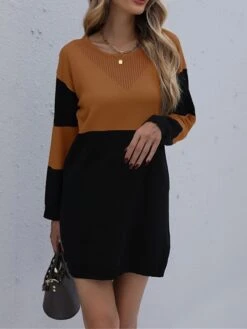 Women's Sweater Dress Jumper Dress Casual Dress Mini Dress Warm Color Block Outdoor Casual Daily Going Out Crew Neck Long Sleeve Patchwork 2023 Loose Fit Brown Khaki S M L -Tesla Style eakhkj1695106685822