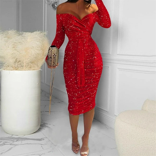 Women‘s Cocktail Party Dress Wedding Guest Dress Short Mini Dress Blue Red Black Long Sleeve Elk Snowflake Pure Color Fall Winter Off Shoulder Fashion 2023 S M L XL XXL 4 Women‘s Cocktail Party Dress Wedding Guest Dress Short Mini Dress Blue Red Black Long Sleeve Elk Snowflake Pure Color Fall Winter Off Shoulder Fashion 2023 S M L XL XXL - Image 2