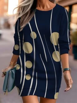 Women's Casual Dress Sweatshirt Dress Mini Dress Warm Fashion Outdoor Vacation Going Out Crew Neck Print Geometric Striped Loose Fit Black Yellow Red S M L XL XXL -Tesla Style easdtl1694590961593