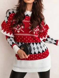 Women‘s Christmas Sweater Dress Jumper Dress Winter Dress Warm Geometric Print Outdoor Christmas Casual Daily Crew Neck Long Sleeve 2023 Loose Fit Red S M L XL -Tesla Style eawnmv1694165713277