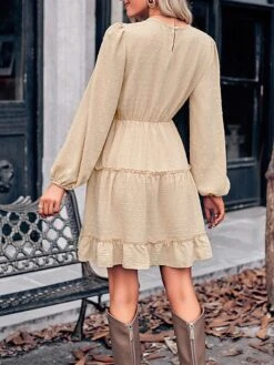 Women's Work Dress Casual Dress Fashion Winter Dress Daily Mini Dress Ruched Ruffle Crew Neck Long Sleeve Plain Loose Fit Brown Army Green Apricot Fall Winter S M L XL -Tesla Style ebikyk1695645256567