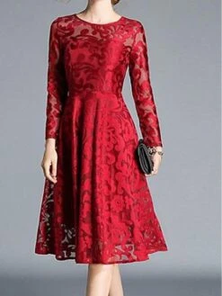 Women's Party Dress Lace Dress Swing Dress Midi Dress Wine Red Black Blue Long Sleeve Pure Color Lace Winter Fall Spring Crew Neck Elegant Party Winter Dress Wedding Guest 2023 S M L XL 2XL 3XL -Tesla Style ebuzdj1645779845337