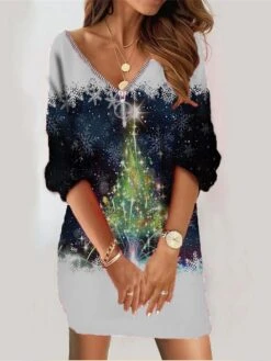 Women‘s Christmas Sweatshirt Dress Winter Dress Short Mini Dress Purple Royal Blue Navy Blue Long Sleeve Tree Zipper Print Fall Winter V Neck Vacation Casual Loose Fit 2022 S M L XL XXL 3XL -Tesla Style ecodbm1664282162335