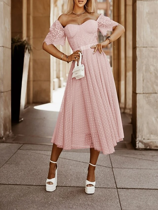 Women's Party Dress Corset Dress Lace Dress Midi Dress Black Pink Fuchsia Short Sleeve Polka Dot Lace Summer Spring Square Neck Fashion Birthday Wedding Guest Vacation Slim S M L XL 4 Women's Party Dress Corset Dress Lace Dress Midi Dress Black Pink Fuchsia Short Sleeve Polka Dot Lace Summer Spring Square Neck Fashion Birthday Wedding Guest Vacation Slim S M L XL - Image 2