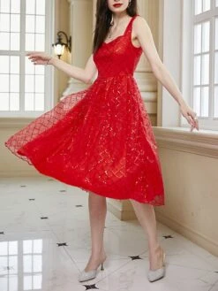 Women‘s Party Dress Homecoming Dress Cocktail Dress Midi Dress Red Sleeveless Pure Color Sparkly Glitter Sequins Summer Spring Fall Spaghetti Strap Fashion Wedding Guest Vacation Summer Dress -Tesla Style ecyvhe1690857836181