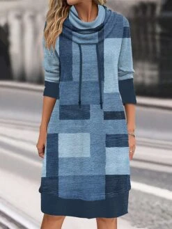 Women's Casual Dress Hoodie Dress Midi Dress Warm Fashion Outdoor Vacation Going Out Hoodie Print Geometric Loose Fit Blue S M L XL XXL