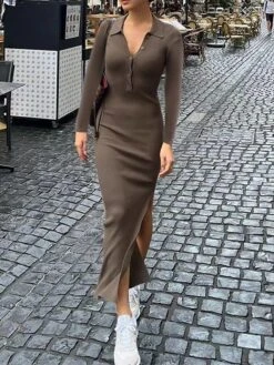 Women's Sweater Dress Winter Dress Jumper Dress Long Dress Maxi Dress Button Street Daily Holiday Fashion Streetwear Shirt Collar Long Sleeve 2023 Regular Fit Black Red Blue Color S M L Size -Tesla Style edvqjd1692938954133