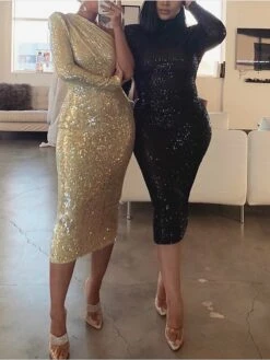 Women's Prom Cocktail Party Dress Sequin Dress Mini Dress Silver Black Gold Long Sleeve Pure Color Sequins Winter Fall Spring One Shoulder Fashion Winter Dress Fall Dress Slim 2023 S M L XL XXL -Tesla Style edxfzt1692674772928