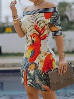 Women's Sheath Dress Mini Dress Navy Black White Short Sleeve Print Print Summer Spring Off Shoulder Stylish 2023 S M L XL -Tesla Style edytaq1626163886834