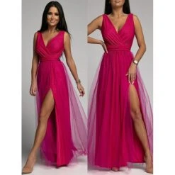 Women‘s Prom Party Dress Wedding Guest Sheath Dress Swing Dress Long Dress Maxi Dress Pink Purple Sleeveless Pure Color Mesh Winter Fall Spring V Neck Fashion Evening Party Slim 2023 S M L XL -Tesla Style eeikca1676376841459