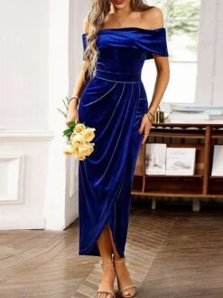 Women's Prom Dress Party Dress Velvet Dress Long Dress Maxi Dress Black Wine Blue Short Sleeve Pure Color Pleated Spring Fall Winter Off Shoulder Fashion Winter Dress Office Evening Party 2023 S M L -Tesla Style eeknaz1694586257575