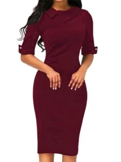 Women's Work Dress Party Dress Sheath Dress Fashion Midi Dress Button Lapel Half Sleeve Plain Slim Black Wine Navy Blue Summer Spring S M L XL XXL -Tesla Style eeqajz1672999716006