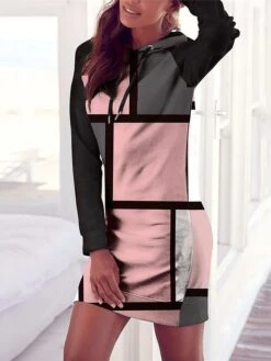 Women's Casual Dress Hoodie Dress Winter Dress Geometric Plaid Print Hooded Midi Dress Fashion Streetwear Outdoor Date Long Sleeve Loose Fit Pink Fall Winter S M L XL XXL