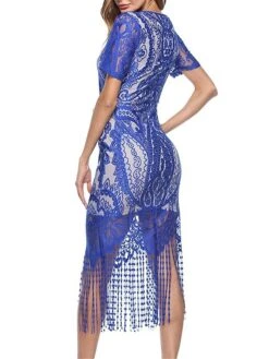 Women's Party Dress Fringe Dress Lace Dress Midi Dress Black Wine Blue Short Sleeve Floral Tassel Fringe Spring Fall Winter V Neck Fashion Birthday Wedding Guest Vacation 2023 S M L XL XXL -Tesla Style efnjjn1692859191885