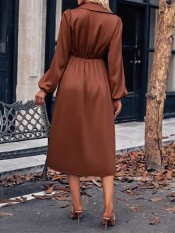 Women's Party Dress Cocktail Dress Satin Dress Midi Dress Champagne Brown Green Long Sleeve Pure Color Ruched Fall Winter Autumn Shirt Collar Fashion Wedding Guest Birthday Vacation 2023 S M L XL -Tesla Style efvvwd1696077350048