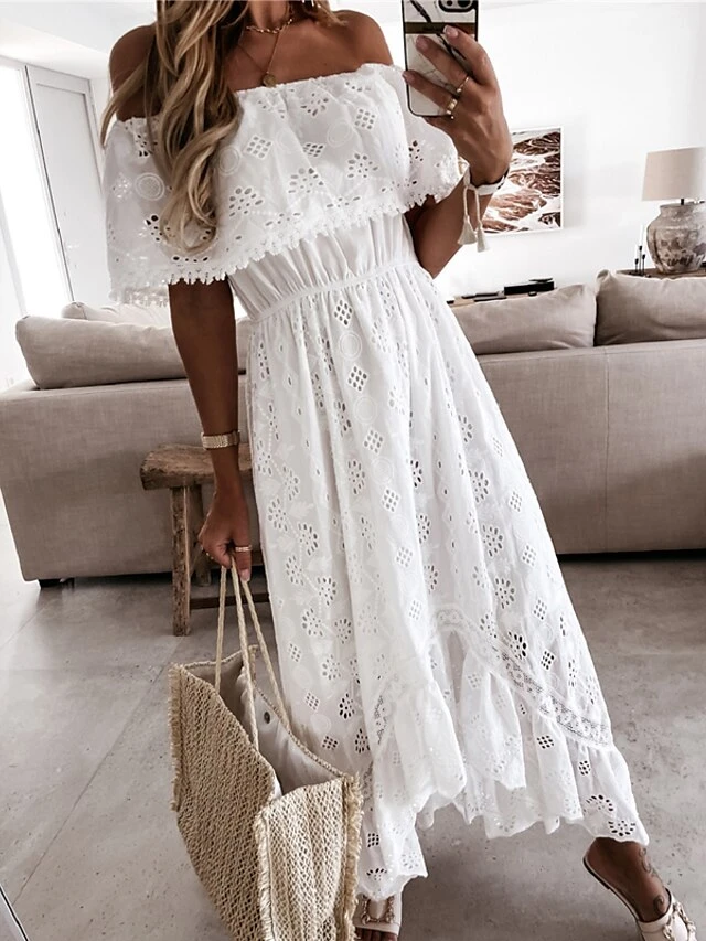 Women's Party Dress Casual Dress Swing Dress Long Dress Maxi Dress White Short Sleeve Pure Color Lace Summer Spring Off Shoulder Vacation 2023 S M L XL 9 Women's Party Dress Casual Dress Swing Dress Long Dress Maxi Dress White Short Sleeve Pure Color Lace Summer Spring Off Shoulder Vacation 2023 S M L XL - Image 7