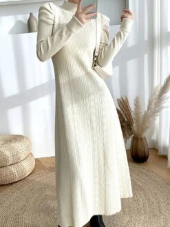 Women's Sweater Dress Jumper Dress Casual Dress Long Dress Maxi Dress Active Pure Color Outdoor Casual Holiday Vacation Turtleneck Long Sleeve 2023 Regular Fit Black Beige M -Tesla Style egurqx1692616012719