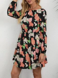 Women's Work Dress A Line Dress Fashion Mini Dress Print Crew Neck Long Sleeve Floral Loose Fit Red Blue Orange Fall S M L XL XXL -Tesla Style egxfzr1693300568654