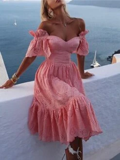 Women‘s Party Dress Wedding Guest Dress Swing Dress Midi Dress Pink Short Sleeve Pure Color Ruffle Spring Summer Off Shoulder Elegant 2023 S M L XL XXL -Tesla Style ehhlvc1631520740601