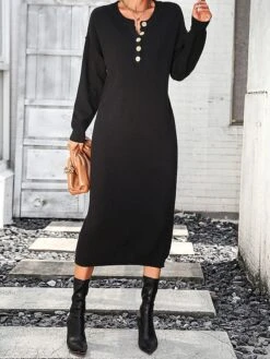 Women's Sweater Dress Winter Dress Jumper Dress Midi Dress Button Daily Date Going Out Fashion Basic Crew Neck Long Sleeve 2023 Loose Fit Black White Purple Color S M L XL Size -Tesla Style ehyjye1691991576258