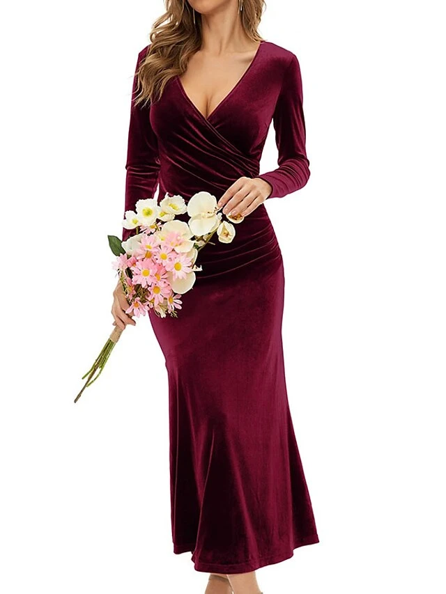 Women‘s Party Dress Wedding Guest Dress Sheath Dress Trumpet / Mermaid Dress Long Dress Maxi Dress Black Wine Purple Long Sleeve Pure Color Ruched Fall Autumn V Neck Elegant Winter Dress Evening Party 6 Women‘s Party Dress Wedding Guest Dress Sheath Dress Trumpet / Mermaid Dress Long Dress Maxi Dress Black Wine Purple Long Sleeve Pure Color Ruched Fall Autumn V Neck Elegant Winter Dress Evening Party - Image 4