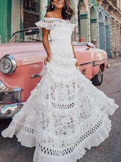 Women's A Line Dress Maxi Long Dress White Black Short Sleeve Solid Color Ruffle Spring Summer Off Shoulder Party Hot Romantic 2021 S M L XL