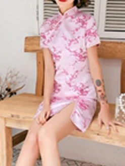 Women‘s Wedding Guest Dress Party Dress Bodycon Sheath Dress Cheongsam Dress Mini Dress Black Pink Red Short Sleeve Floral Split Spring Summer Stand Collar Elegant Weekend Spring Dress 2023 -Tesla Style eipzzn1641293133725