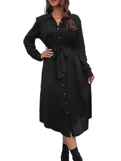 Women's Work Dress Casual Dress Black Dress Fashion Office Daily Workfashion Midi Dress Lace Up Button Shirt Collar Long Sleeve Plain Loose Fit Black Fall Winter S M L XL -Tesla Style eiqock1695105093435