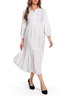 Women's Work Dress Satin Dress Swing Dress Fashion Midi Dress Ruffle Button Shirt Collar Long Sleeve Plain Loose Fit White Fall Winter S M L XL XXL -Tesla Style eiwnbd1693466153030