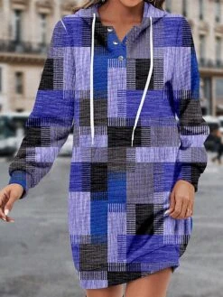 Women's Casual Dress Hoodie Dress Winter Dress Plaid Button Print Hooded Mini Dress Fashion Streetwear Outdoor Daily Long Sleeve Regular Fit Blue Green Khaki Fall Winter S M L XL XXL -Tesla Style eiwttg1694602634485