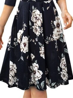Women's Work Dress Semi Formal Dress A Line Dress Fashion Midi Dress Hollow Out Print Crew Neck 3/4 Length Sleeve Floral Regular Fit Black Fall Winter S M L XL -Tesla Style ejbrrm1692615641923