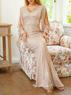 Women's Prom Dress Party Dress Sequin Dress Long Dress Maxi Dress Gold Long Sleeve Pure Color Sequins Fall Winter Autumn V Neck Fashion Winter Dress Wedding Guest Birthday 2023 S M L XL -Tesla Style ejncar1696077539322