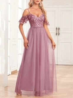 Women‘s Prom Dress Party Dress Sequin Dress Long Dress Maxi Dress Pink Short Sleeve Pure Color Sparkly Glitter Sequins Fall Winter Autumn Spaghetti Strap Fashion Wedding Guest Evening Party -Tesla Style ejtxku1693535461863